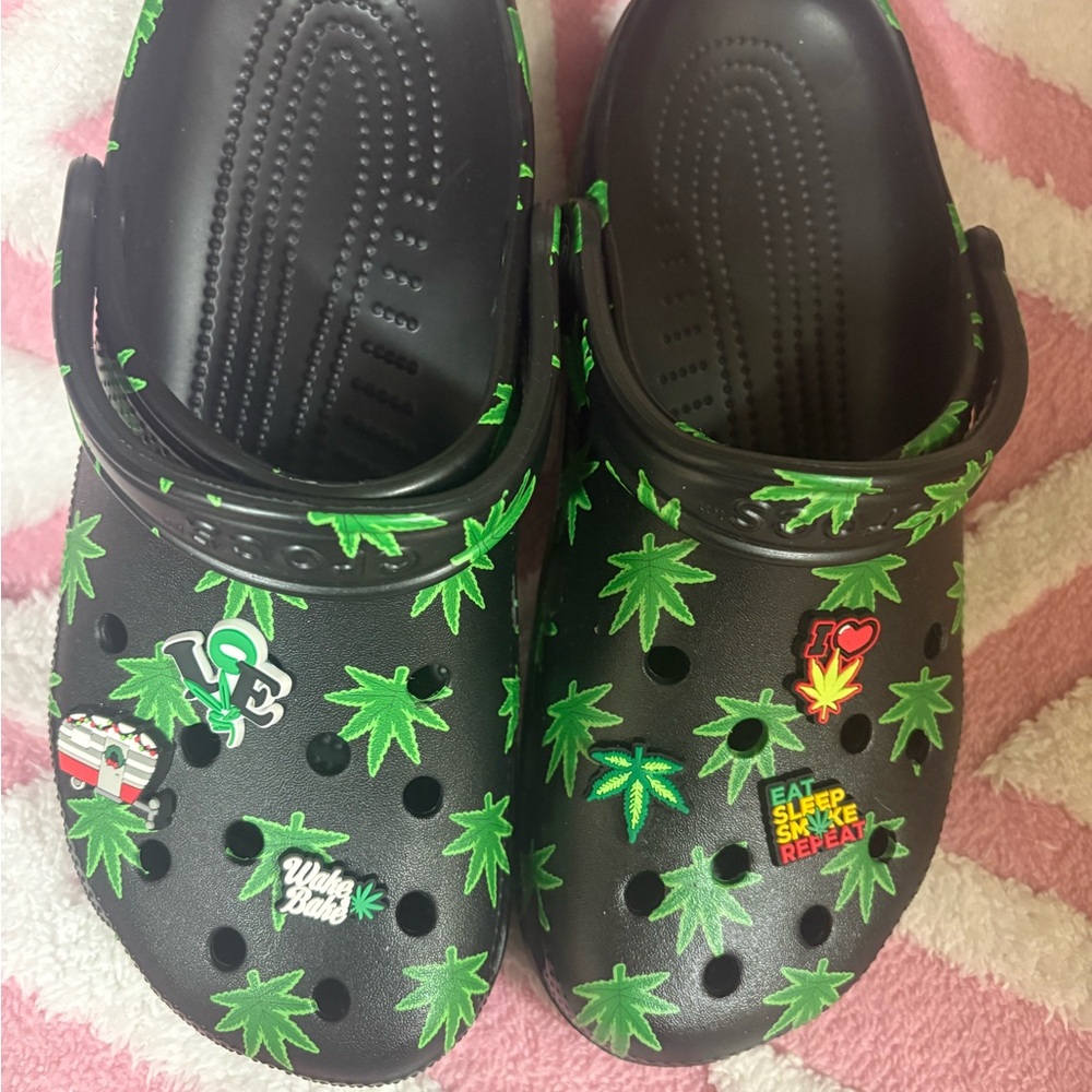 CROCS Black and Green Mules with Ventilation Holes